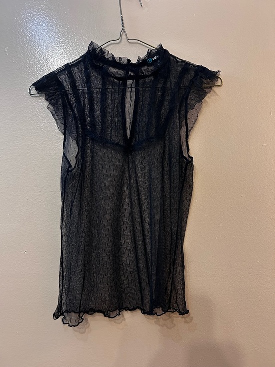 Coolwear Tops - Sheer Black Ruffle-Neck Cap Sleeve Blouse